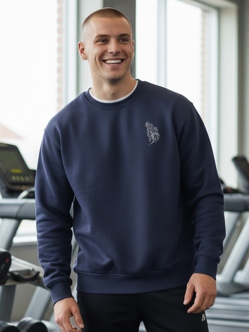 THE GYM PEOPLE Men’s Large Navy Blue FENRIR NORDIC WOLF Crew Sweatshirt